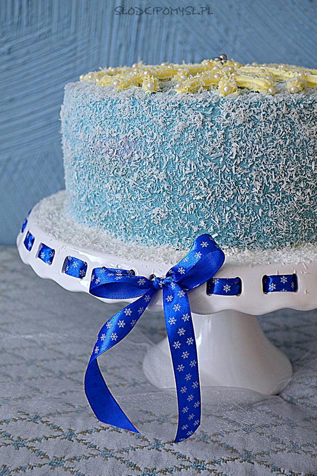 tort płatek śniegu, tort z płatkiem śniegu, niebieski tort, kraina lodu, tort zimowy, mus malinowy, krem czekoladowy