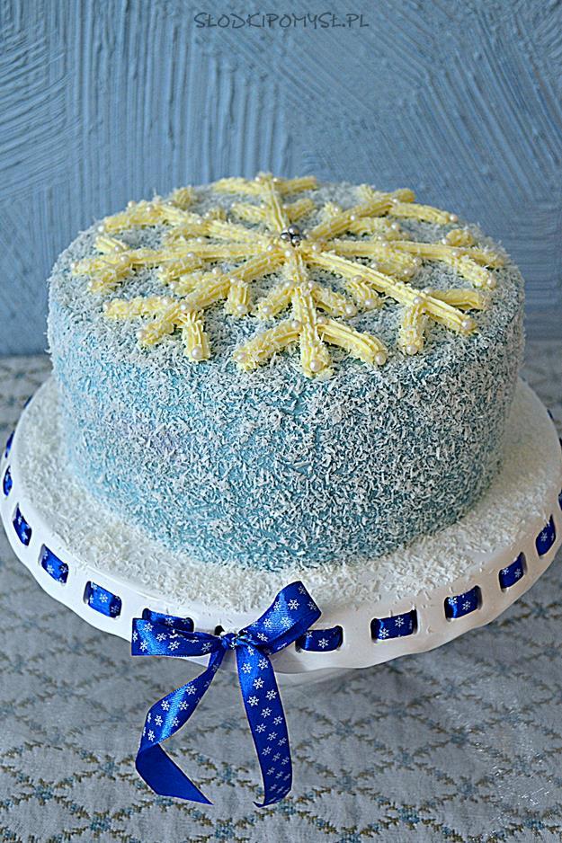 tort płatek śniegu, tort z płatkiem śniegu, niebieski tort, kraina lodu, tort zimowy, mus malinowy, krem czekoladowy