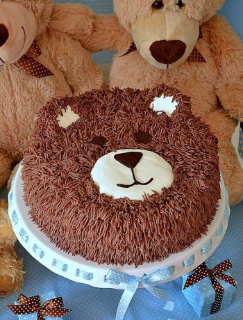 tort miś, miś, tort niedźwiadek, krem czekoladowy, krem maślany, brzoskwinie, tort urodzinowy,
